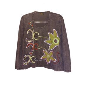 Rising International Black/Gray Embroidered Tunic Size L Boho Wearable Art Cool